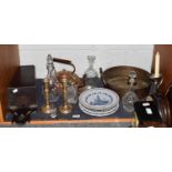 A mixed group of items including a pair of silver candlesticks (weighted), silver mounted glass, and