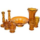 Victorian and later bohemian amber glassware including a pair of vases etched with stag and deer