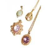 A 9 carat gold amethyst pendant on chain, chain length 48.5cm; a 9 carat gold cultured pearl pendant