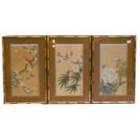 Six 19th century Chinese watercolours on pith paper mounted as two trios, each in profusely carved