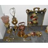 A selection of copper and brassware, consisting of oil lamp; converted oil lamp now electric, copper