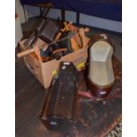 Assorted treen and other items including a pair of brown leather skates, another pair in black, a