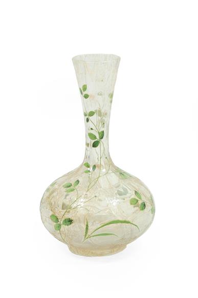 An Art Nouveau Bohemian Enamelled Crackle Glass Vase, decorated with flowers and foliage, - Image 2 of 4