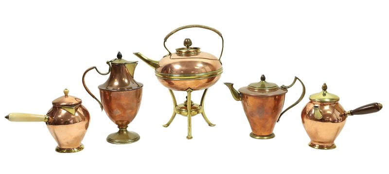 An Arts & Crafts Brass and Copper Kettle on Stand, by W A S Benson, flattened ovoid form with wicker