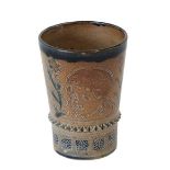 A C.J.C Bailey Fulham Pottery Stoneware Beaker, sgraffito decorated by Edgar Kettle with medieval