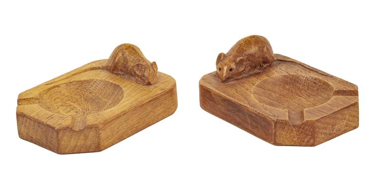 Workshop of Robert Mouseman Thompson (Kilburn): Two English Oak Ashtrays, of standard rectangular