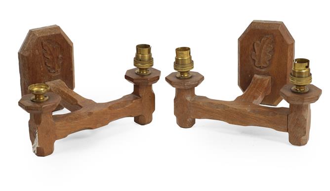 Oakleafman: Fred Suffield (Thirsk): A Pair of English Oak Double Wall Light Brackets, the shaped