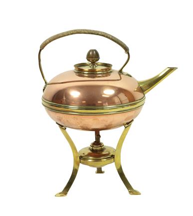 An Arts & Crafts Brass and Copper Kettle on Stand, by W A S Benson, flattened ovoid form with wicker - Image 2 of 6