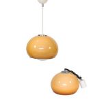 Harvey Guzzini for Meblo Italy: A Rise and Fall Pendant Light, model no.3024, with amber acrylic