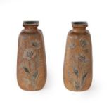 A Pair of Martin Brothers Stoneware Vases, decorated with insects, white flowers and grasses,