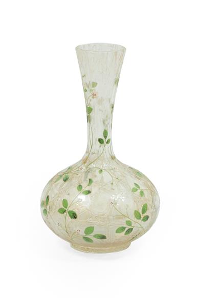 An Art Nouveau Bohemian Enamelled Crackle Glass Vase, decorated with flowers and foliage,