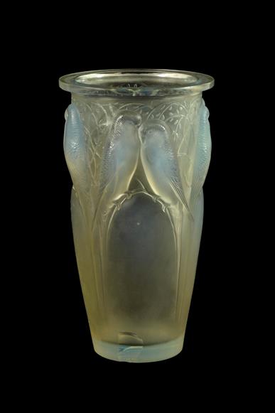 René Lalique (French, 1860-1945): An Opalescent, Stained and Frosted Ceylan No.905 Glass Vase, of