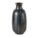 A Martin Brothers Stoneware Gourd Vase, incised with vertical ribs, brown glaze, incised 11-1905