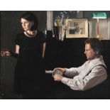 Iain Faulkner (b.1952) Scottish Two figures in an interior beside a piano Initialled, oil on