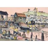 Eric H Hill (1921-2021) ''Landing the Catch Whitby'' Signed, ink and watercolour, 26cm by 36.5cm