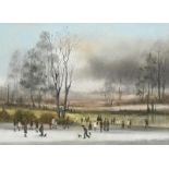 Brian Shields 'Braaq' FBA (1951-1997) River scene in winter with figures and dogs Signed,