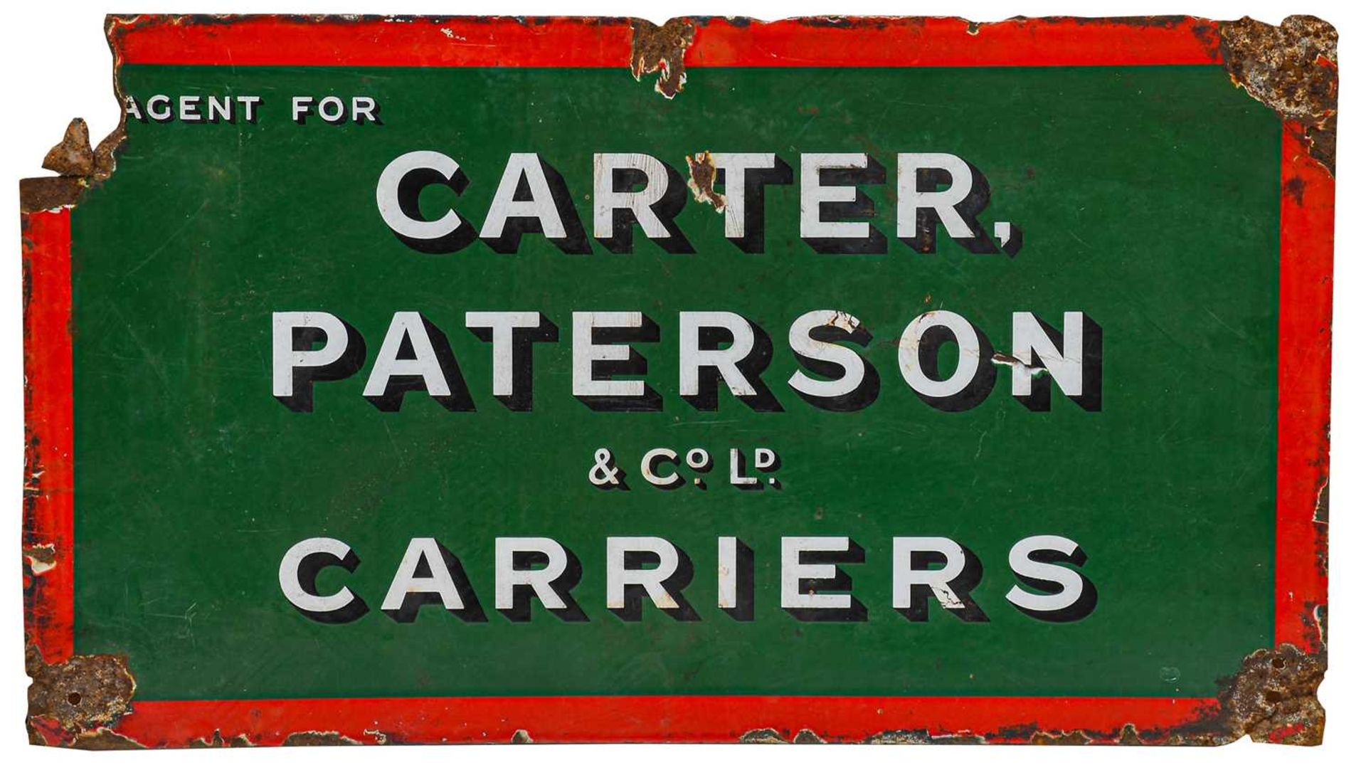 Agent For Carter Paterson & Co Ld Carriers: A Single-Sided Enamel Advertising Sign, 45cm by 79cm (