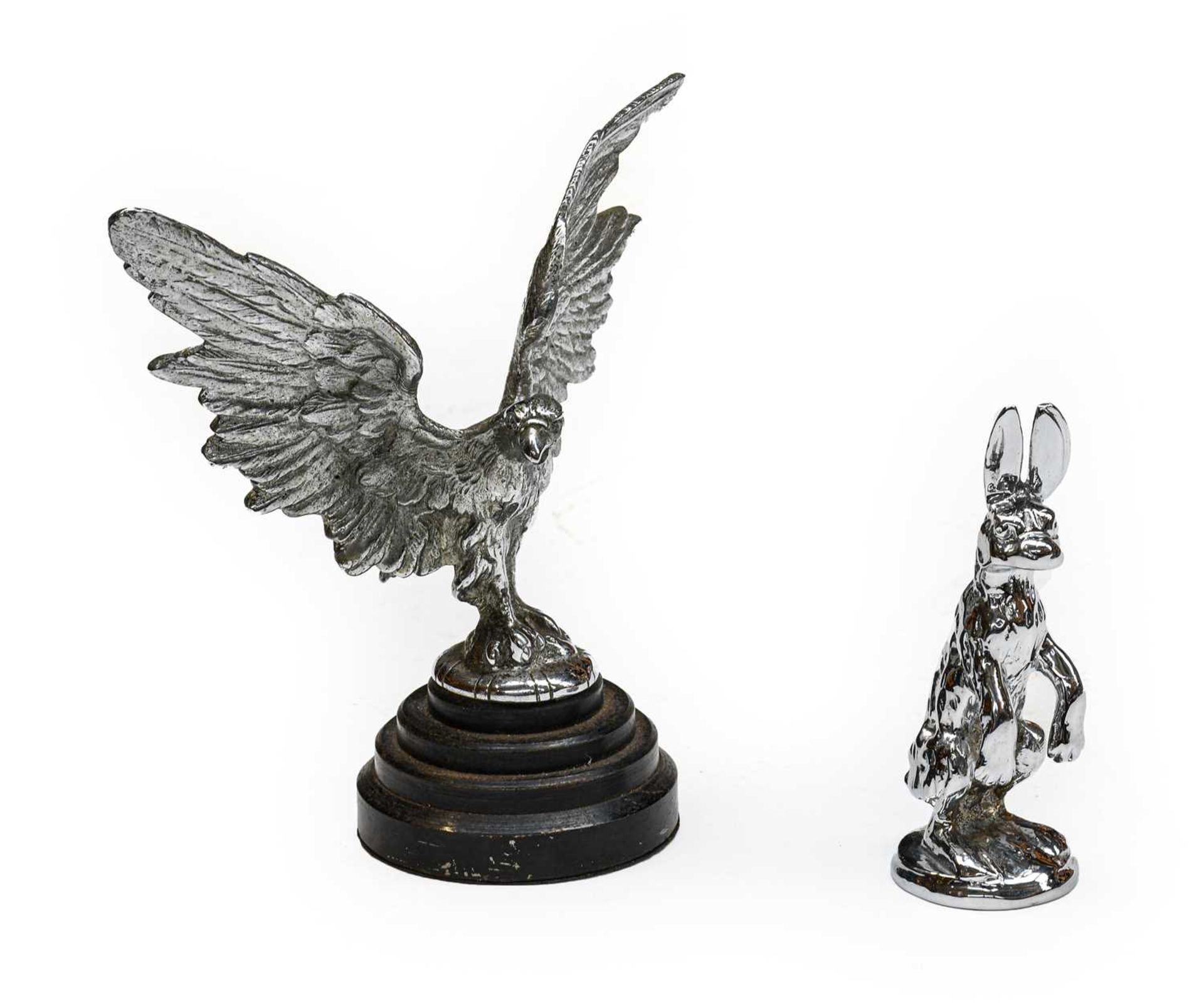 A Chrome on Brass Hare Car Mascot, probably from an Alvis, 12cm high; and A Chrome Plated Eagle