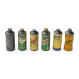 Six Vintage Cylindrical Oil Cans, with screw tops, to include Duckhams, Castrol, Filtrate,