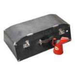 A Vintage Black and Chromed Metal Hard-Bodied Car Travel Trunk, 80cm wide; and An Esso Red Metal