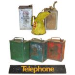 Three Vintage 2-Gallon Fuel Cans, comprising 2x green painted Esso and a rusted red example; A Shell