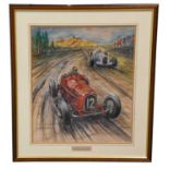 Phil May (b.1925)"Nuvolari Driving The 3.2 ltr P3 Alfa Romeo Passing Von Brauchitsch ill Fated