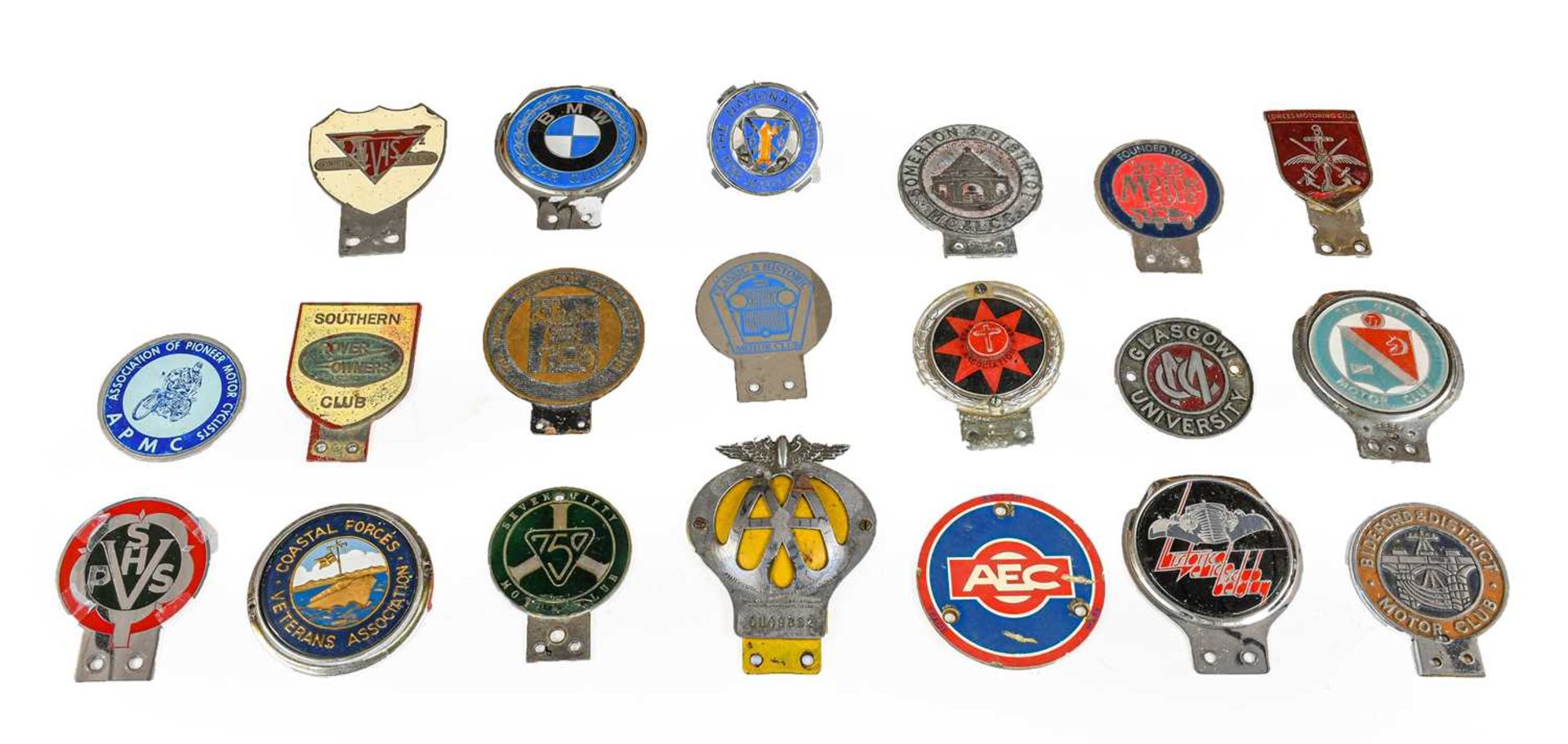 Twenty Chromed Metal and Plastic Car Badges, to include Forces’ Motoring Club, The Vintage Transport