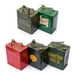 Five Vintage 2-Gallon Fuel Cans, repainted, to include a rare Shell combination fuel and motor oil