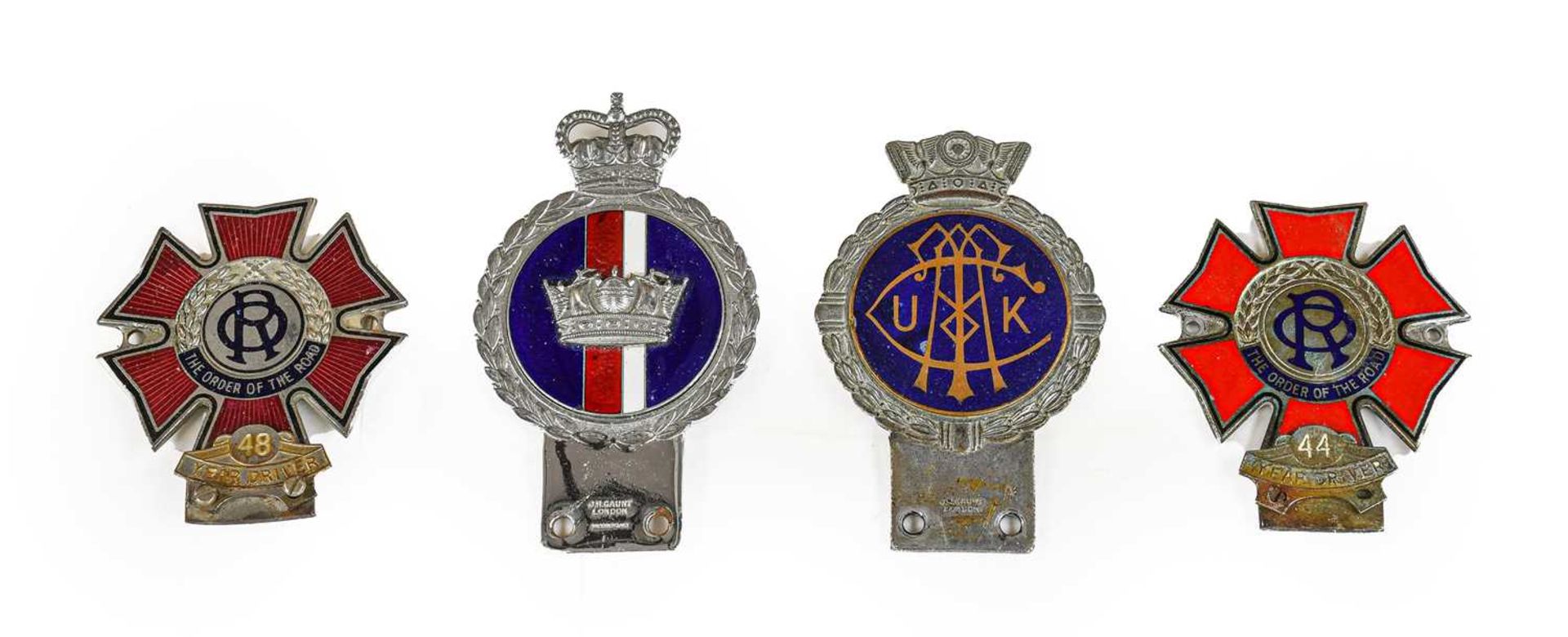 J R Gaunt, London: A Chrome Plated and Enamelled Car Badge, surmounted by a crown; A JR Gaunt Blue