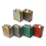 Six Vintage 2-Gallon Fuel Cans, comprising Plume Motor Spirit, Motor Mex, Esso, Shell Aviation