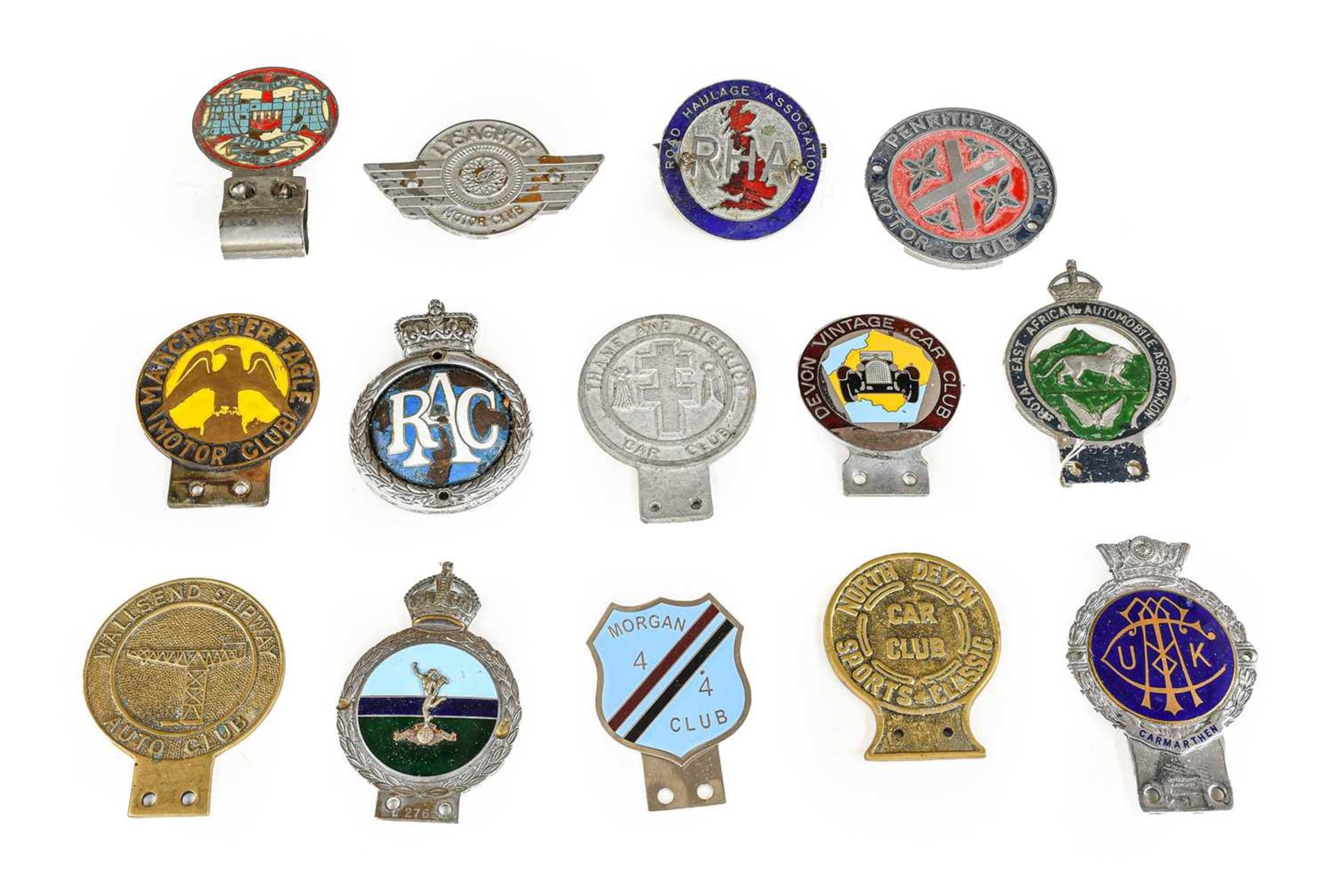 Fourteen Chromed and Brass Car Badges, to include JR Gaunt London blue enamel example, Manchester