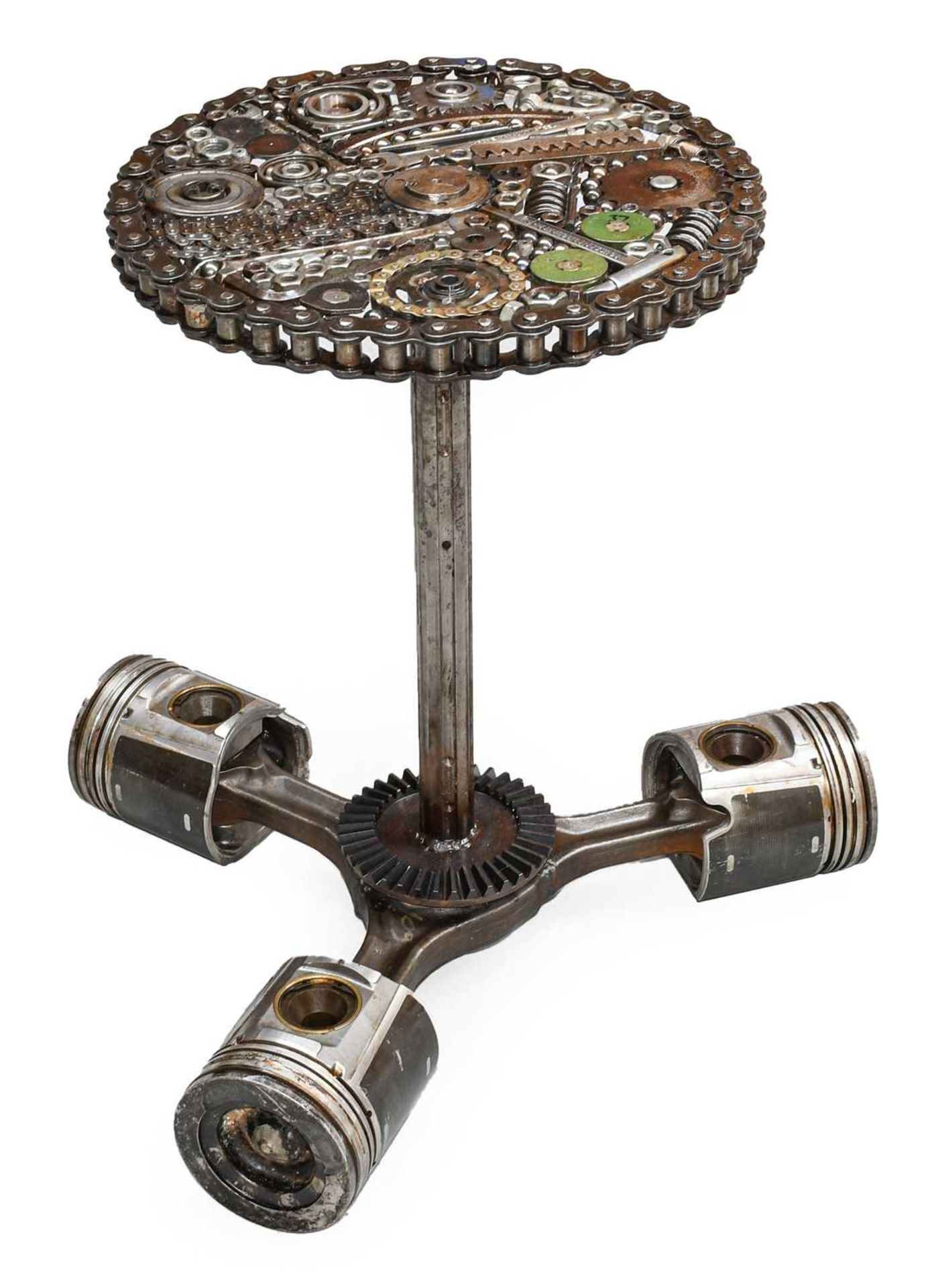 Steampunk: A Bespoke Tripod Table, made from spanners, nuts, bolts and chain rings, of circular form