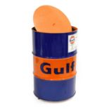 Gulf: A 200-Litre Cylindrical Drum, painted orange and blue, with paper label Gulf Cascade HD-S (