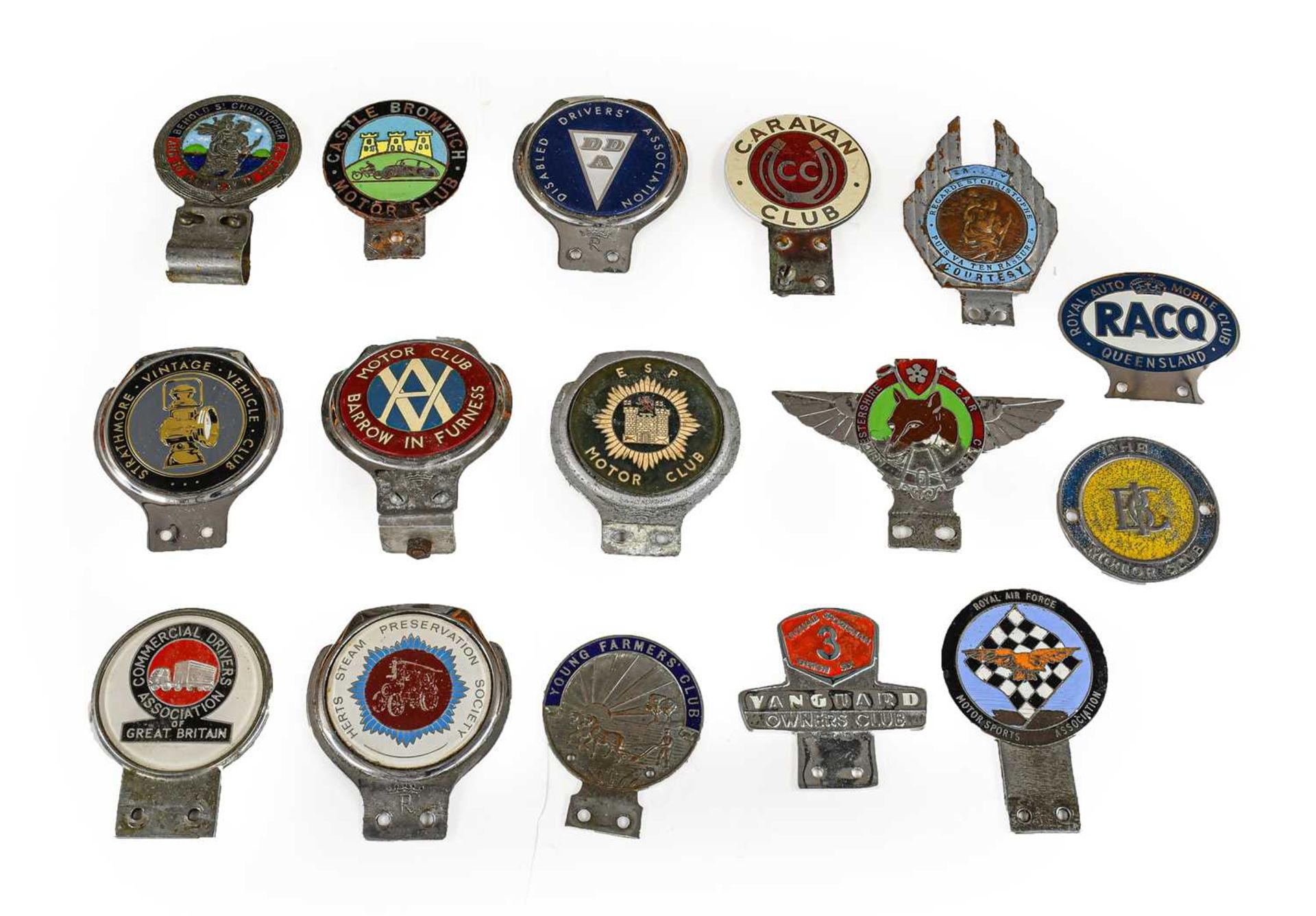 Sixteen Assorted Chromed and Enamel Car Badges, to include ESP Motor Club, The Vanguard Owners’