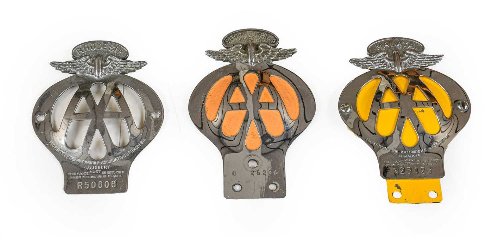 Three Chromed AA Car Badges, for Malaya, South Africa and Rhodesia