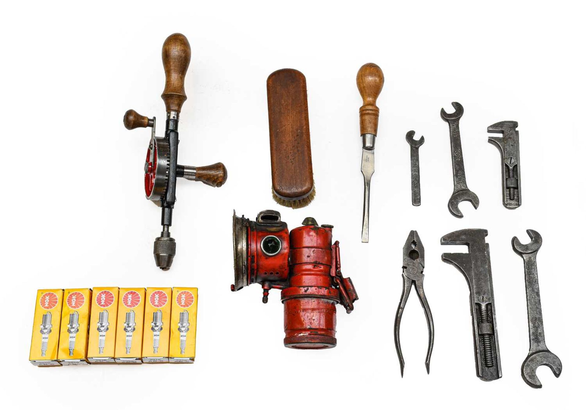 A Motor Mechanic’s Mechanical Hand Drill, with turned wooden handle; A Flat-Head Screwdriver; A No.