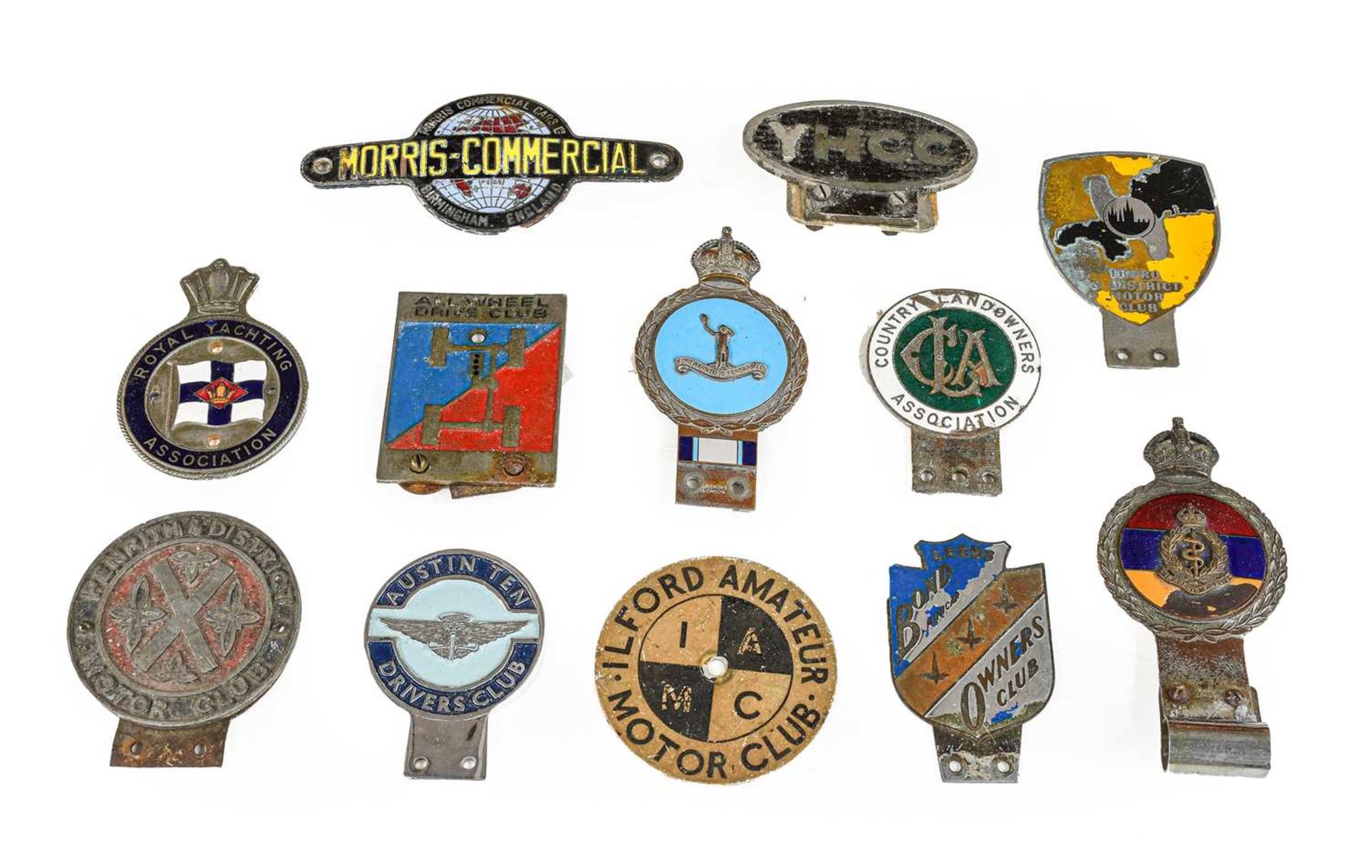 Twelve 1920/30 and Later Chromed Car Badges, to include Austin 10 Drivers’ Club, Leeds Bond