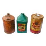 Three 5-Gallon Agricultural Motor Oil Cans, comprising 1x green-painted Astra Oil, 1x cylindrical