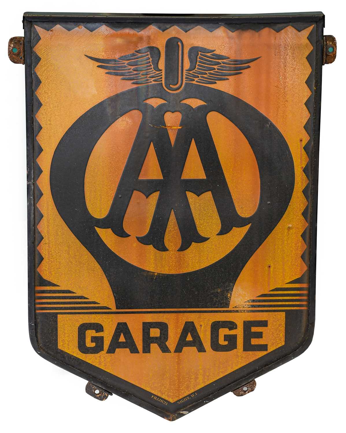 Franco Signs: A Vintage Single-Sided AA Garage Sign, of angled rectangular form, with metal mounting