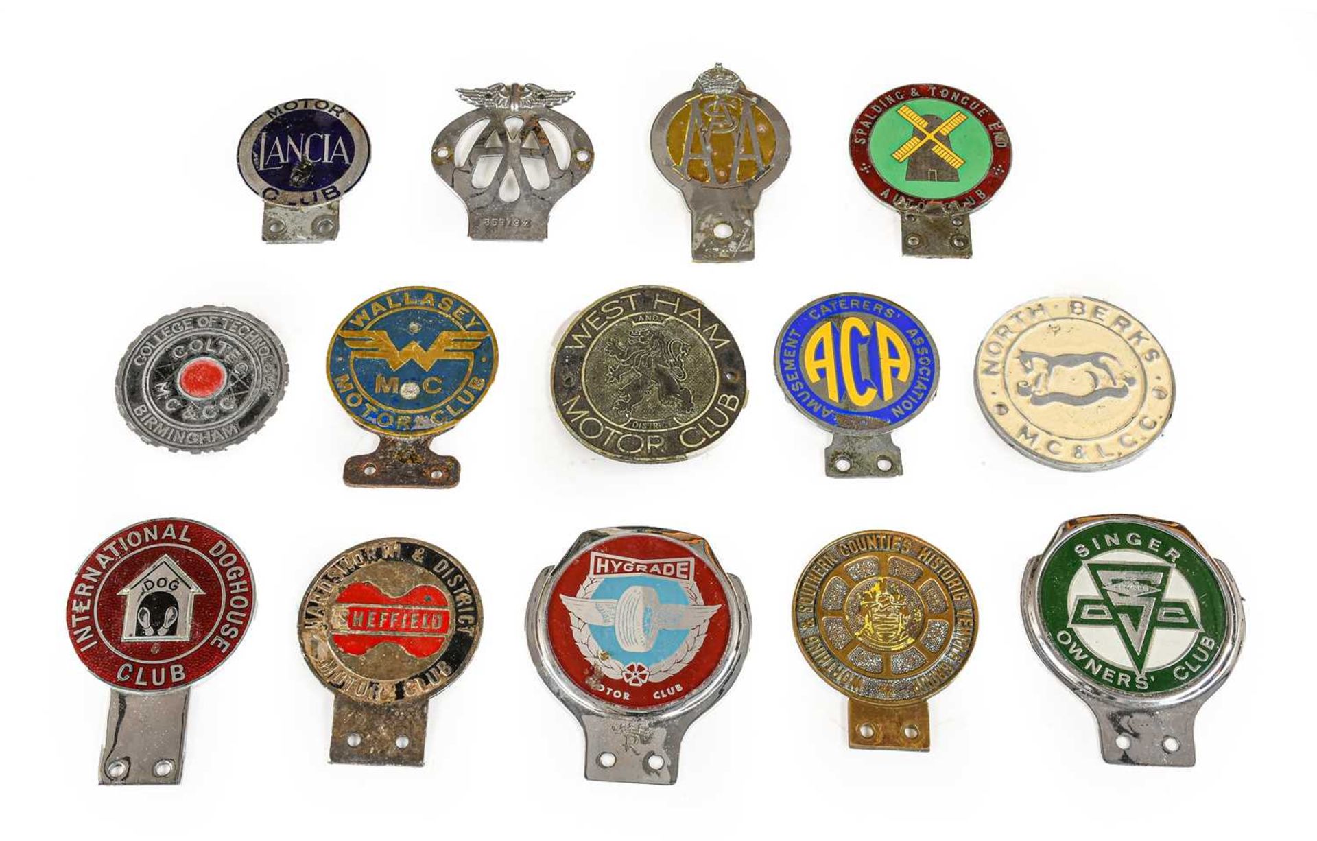 Fourteen Chrome and Brass Car Badges, to include Motor Lancia Club, Worthing & Southern Counties