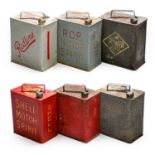 Six Vintage 2-Gallon Fuel Cans, repainted, to include R.O.P, Redline, Shell, Benzole, Power and an
