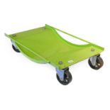 A Set of Four Green Metal Inspection Trolleys, with metal wheels, 60cm by 39cm by 15cm