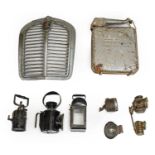 A 1930s Austin Car Radiator Grille; An Eversure Fuel Can; and A Box of Assorted Car and Railway