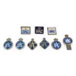 Nine RAC Chromed Metal and Plastic Members’ Badges, including a blue enamelled example and a