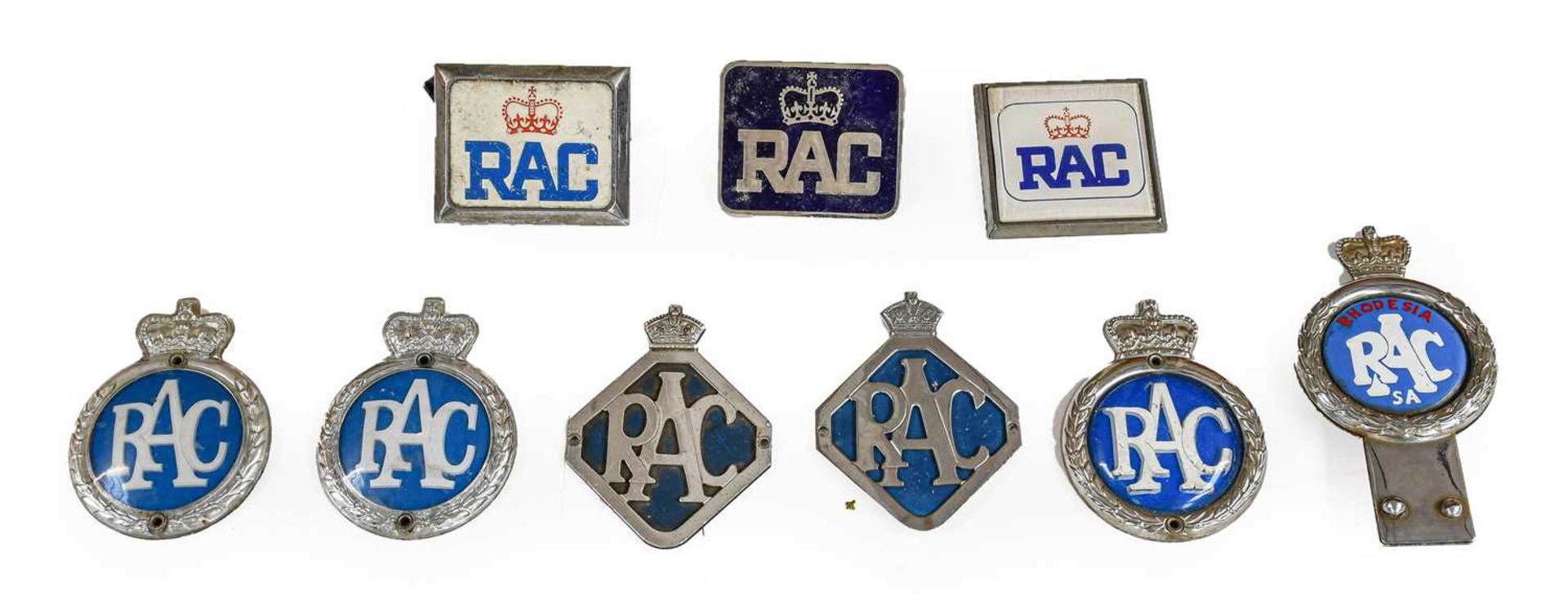 Nine RAC Chromed Metal and Plastic Members’ Badges, including a blue enamelled example and a