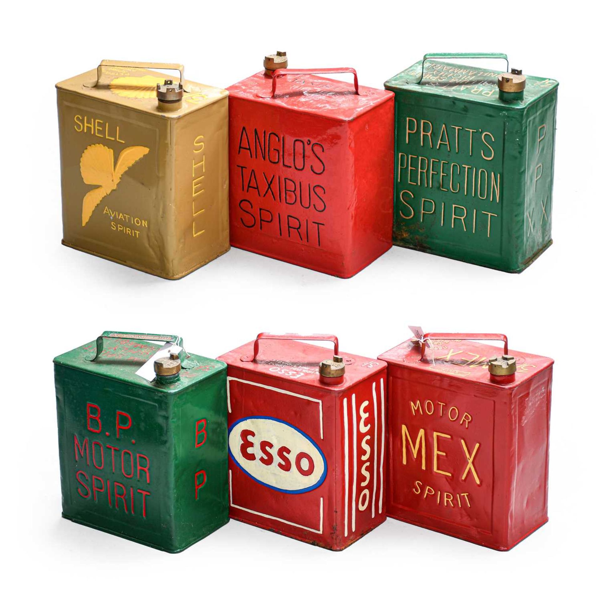 Six Vintage 2-Gallon Fuel Cans, repainted, to include Esso, BP Motor Spirit, Motormex, Shell, Pratts