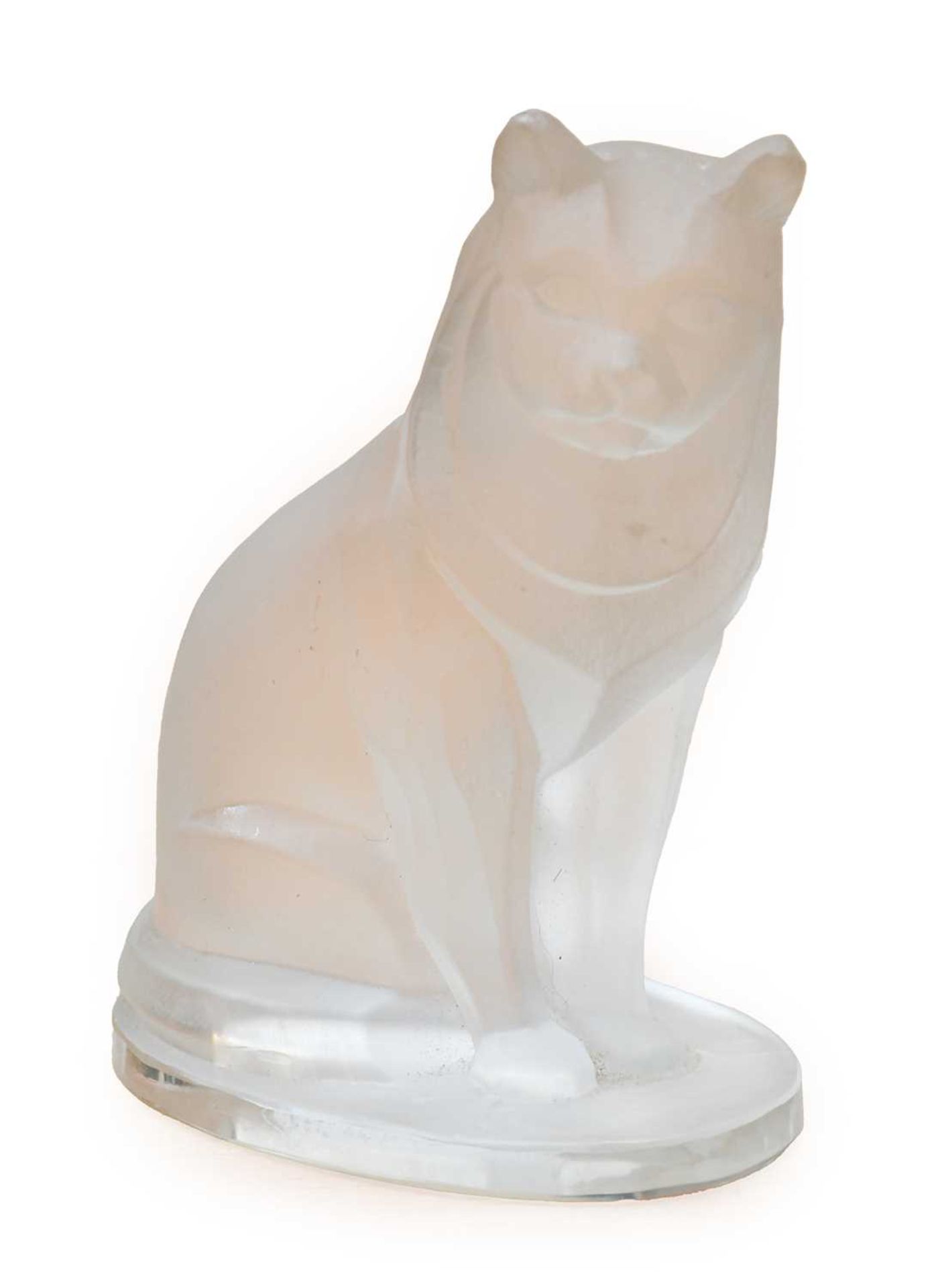 Herman George Ascher: A 1920’s Bohemian Frosted Glass Car Accessory Mascot, as a seated cat, 10cm