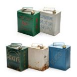 Five Vintage 2-Gallon Fuel Cans, repainted, to include Pratts, Carburine, Motor Big-Tree, Glico