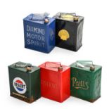 Five Vintage 2-Gallon Fuel Cans, repainted, to include Shell, Pratts, 2x Regent and Diamond