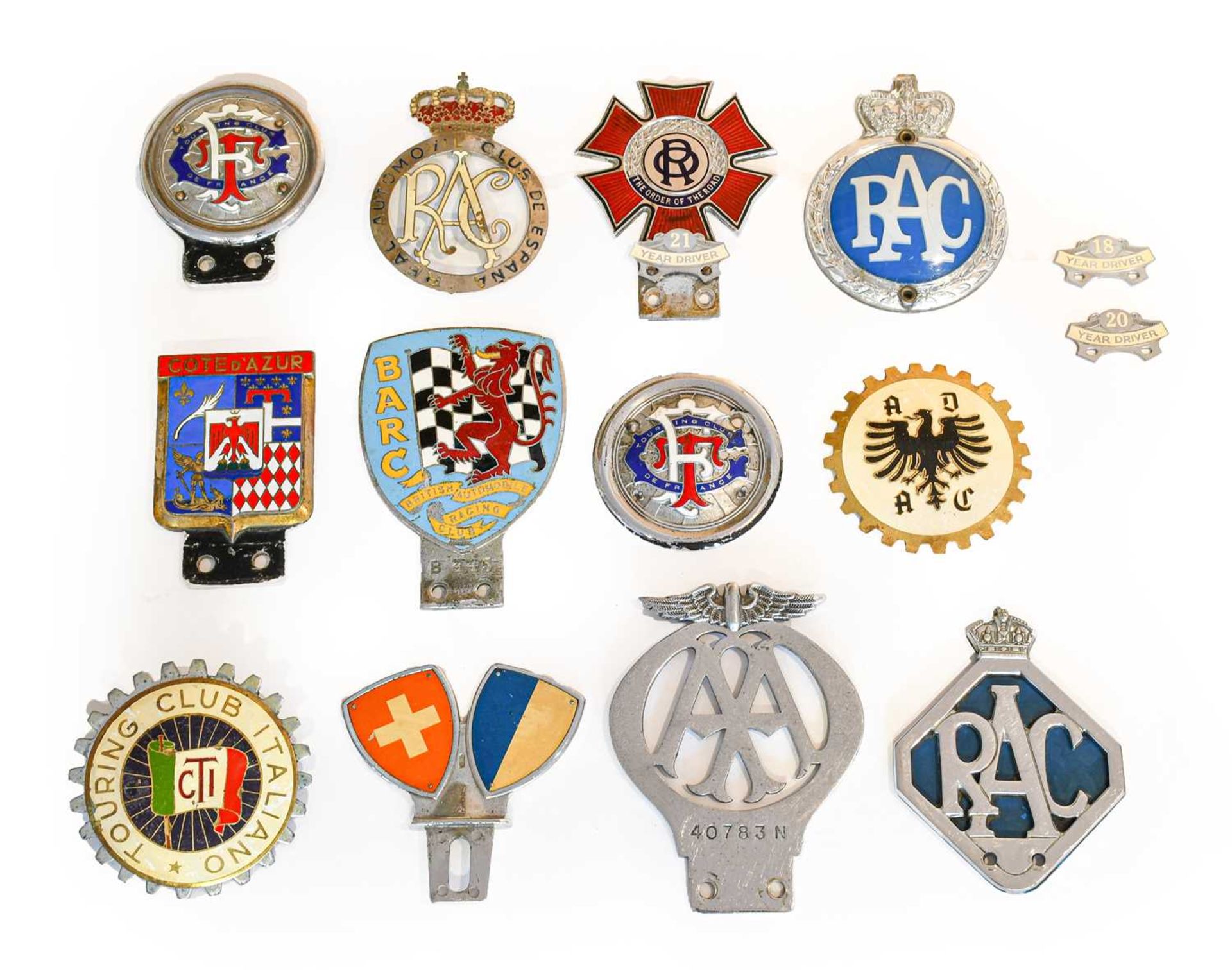 Fourteen Assorted Metal, Chromed and Plastic Car Badges, to include RAC, British Automobile Racing